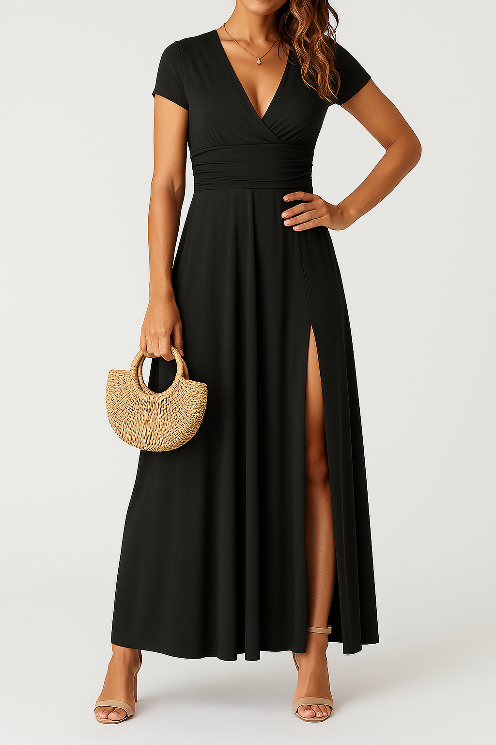 Giulia – Elegantes Langes Kleid mit V-Ausschnitt und Hoher Taille