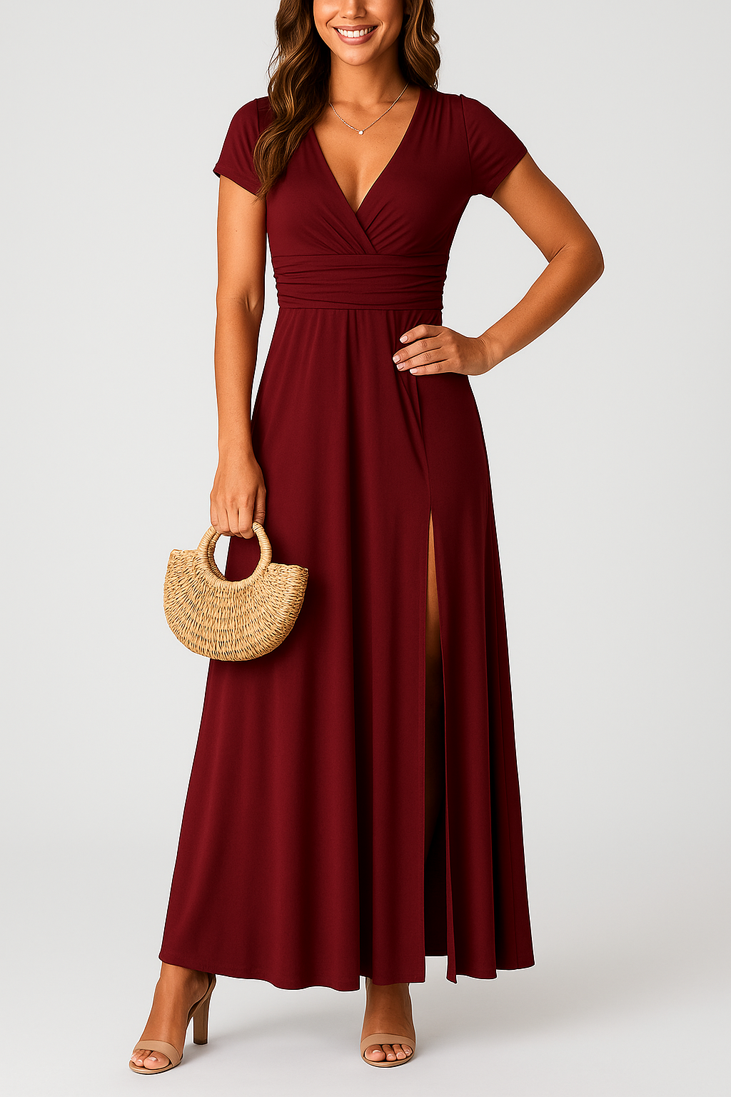 Giulia – Elegantes Langes Kleid mit V-Ausschnitt und Hoher Taille