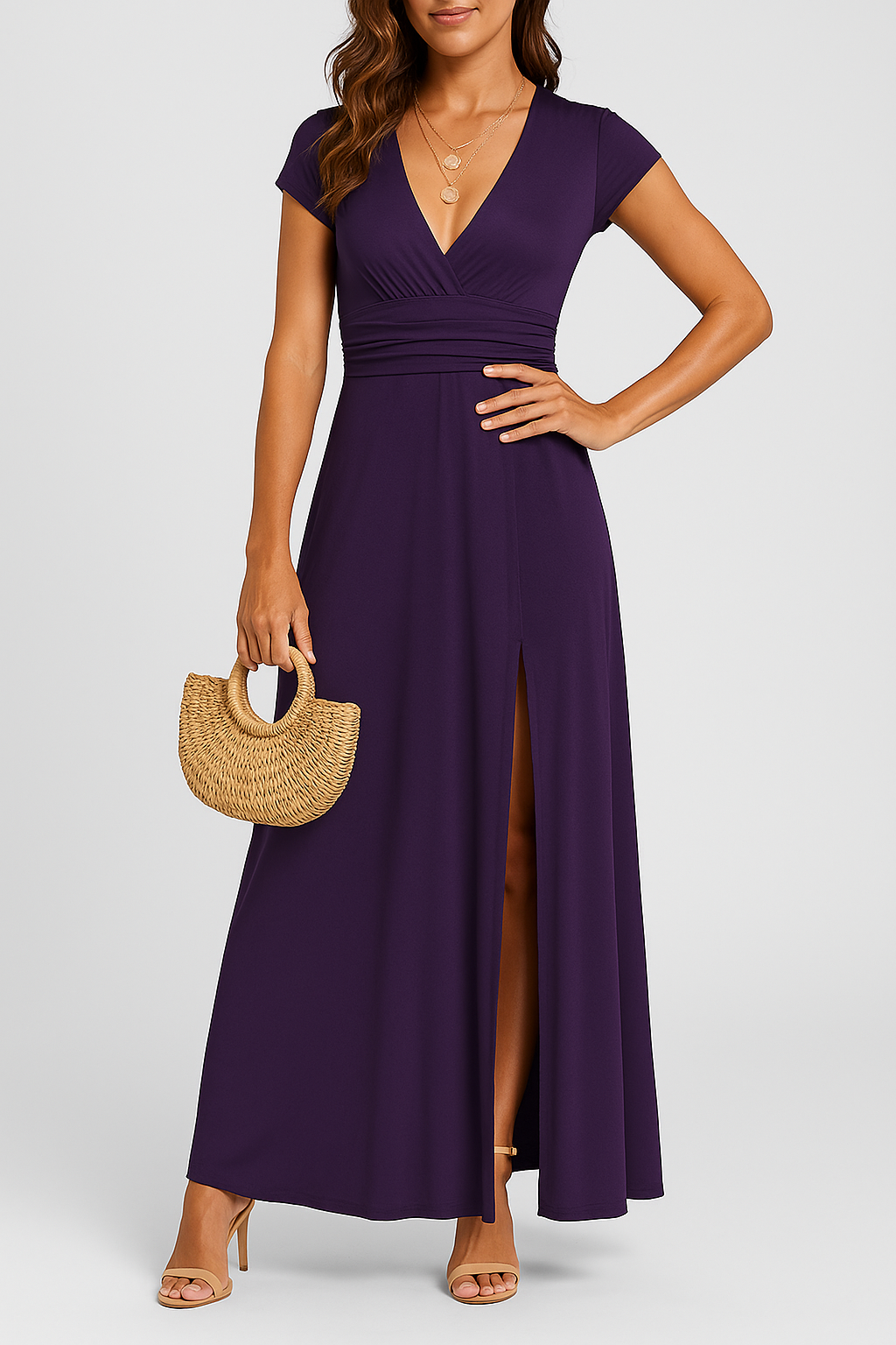 Giulia – Elegantes Langes Kleid mit V-Ausschnitt und Hoher Taille