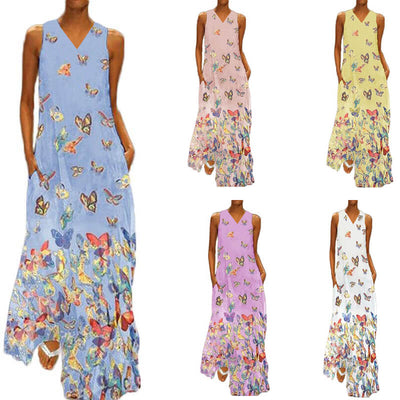 Trendy Ärmelloses Maxi-Sommerkleid mit Schmetterlingsmuster – Malia