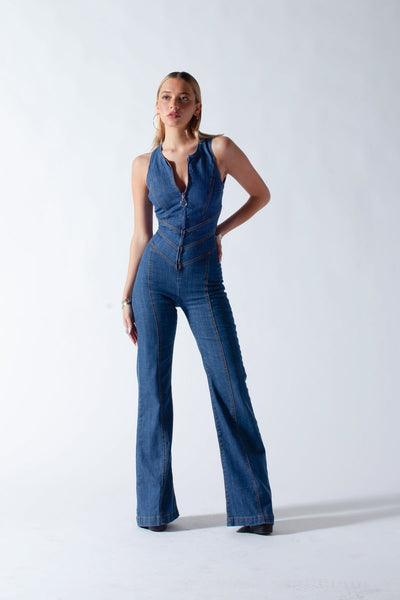 Herzförmiger Rückenfreier Jeans-Jumpsuit Damen – Sakura