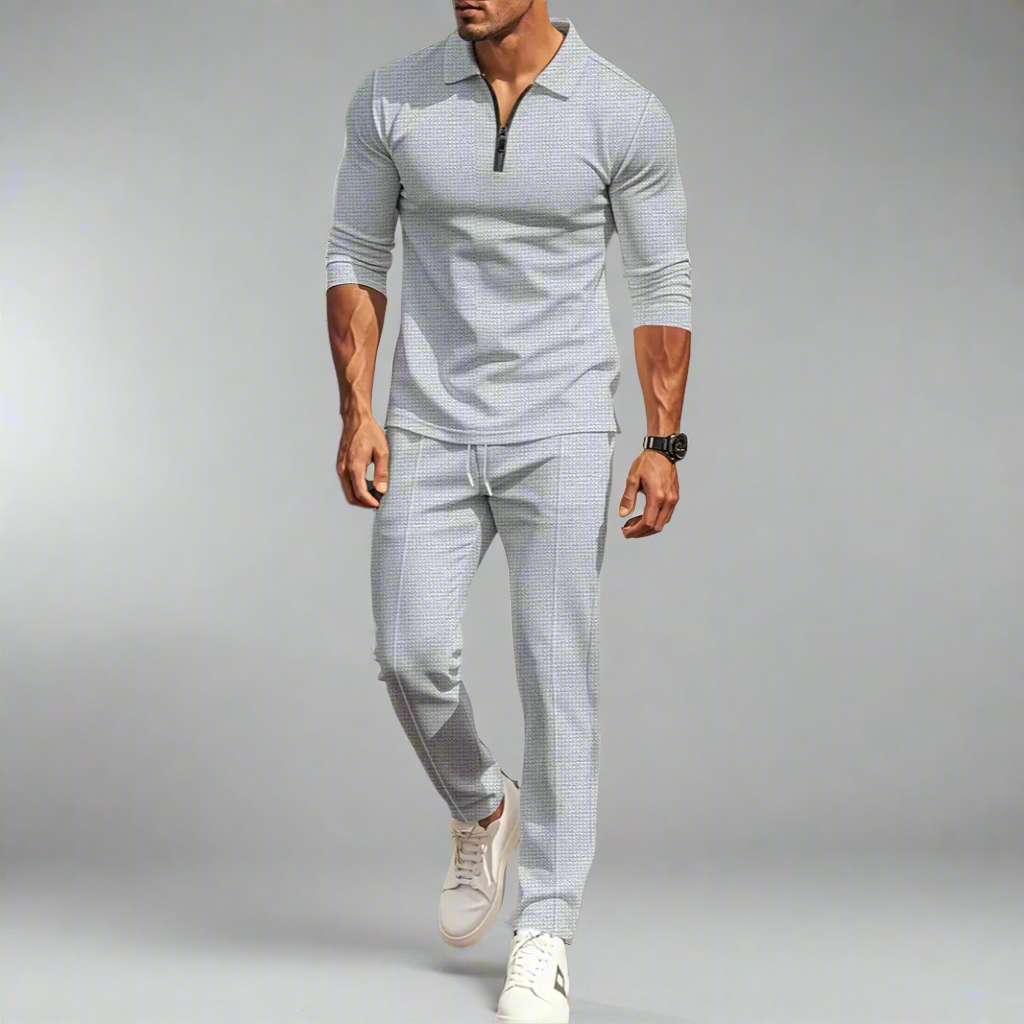 Lässiges Streetwear-Set für Herren – einfarbiges Langarm-Oberteil mit halbem Reißverschluss und passende Hose, leicht und atmungsaktiv