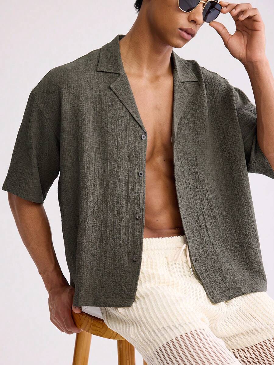 Leon – Herren Oversized Crop Hemd Seersucker Boxy Grün