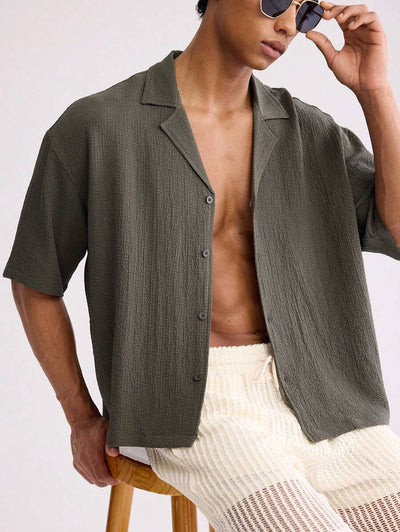 Leon – Herren Oversized Crop Hemd Seersucker Boxy Grün