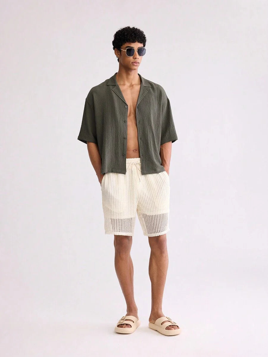 Leon – Herren Oversized Crop Hemd Seersucker Boxy Grün