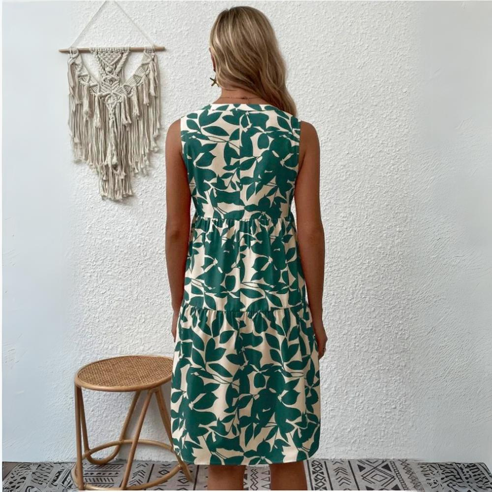 Damenkleid Baumwolle Blumenmuster Sommerkleid mit V-Ausschnitt und kurzen Ärmeln