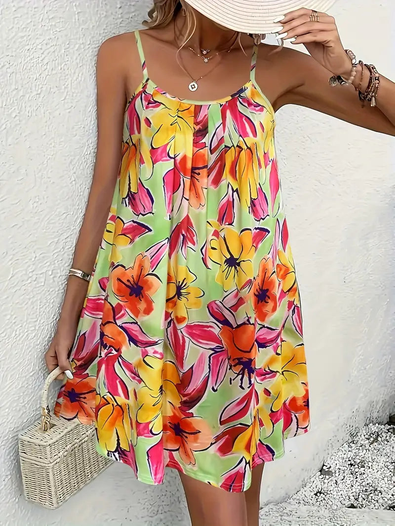 Rückenfreies Camisole-Sommerkleid – Tropischer Pflanzen-Print, ärmellos