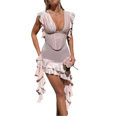 Aisha - Figurbetonter asymmetrischer Rüschenshirt Kleid