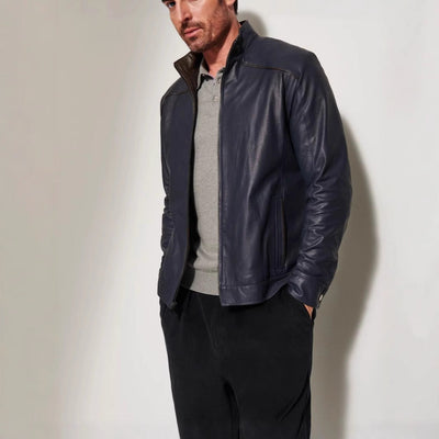 Herren stylische Lederjacke mit modernem Stehkragen und dezenten Kontrastnähten Aliams