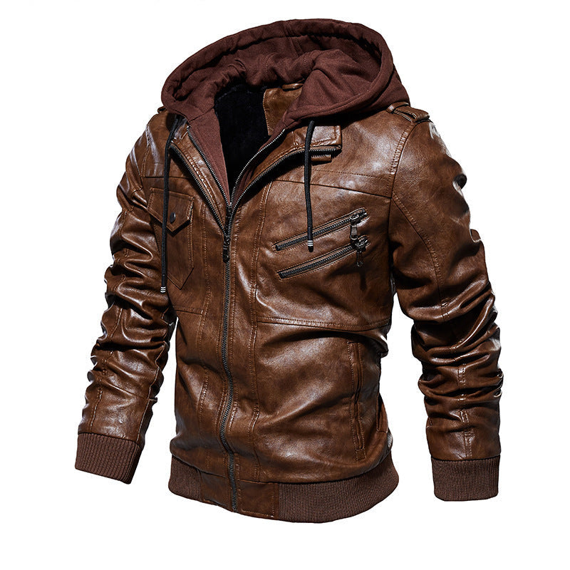 Herren Lederjacke mit Kapuze und Taschen
