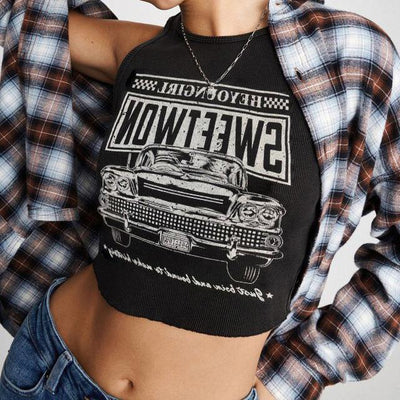 Trendiges Damen Crop-Top mit Auto-Print und Rundhalsausschnitt – Maila