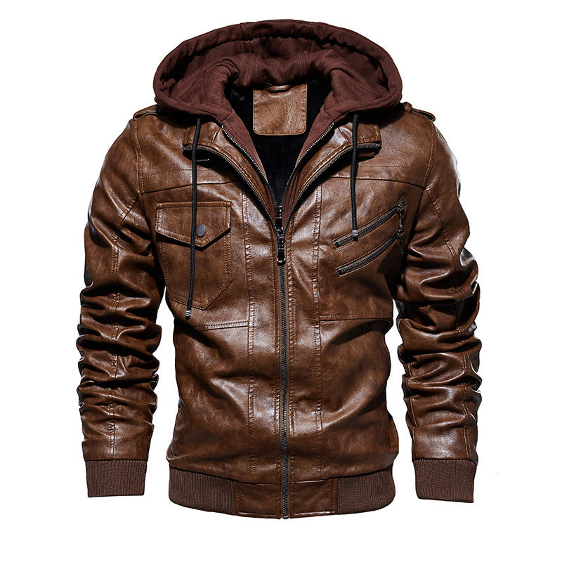 Herren Lederjacke mit Kapuze und Taschen