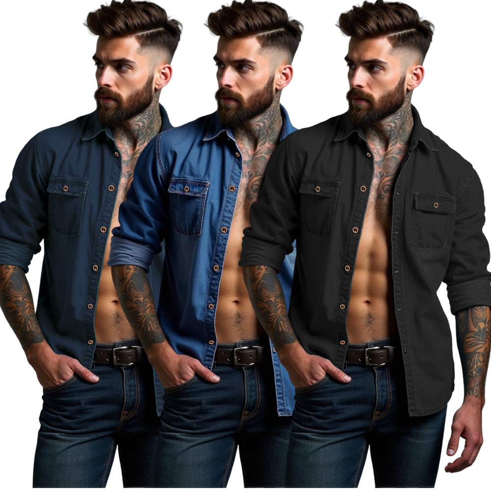 Herren lässige Denim-Hemdjacke mit zwei aufgesetzten Taschen Aliams