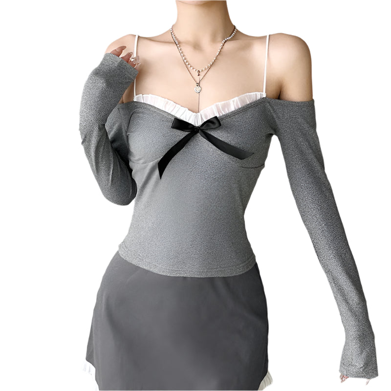 Rita - Off-Shoulder Langarmhemd mit Rüschen und Schleifen