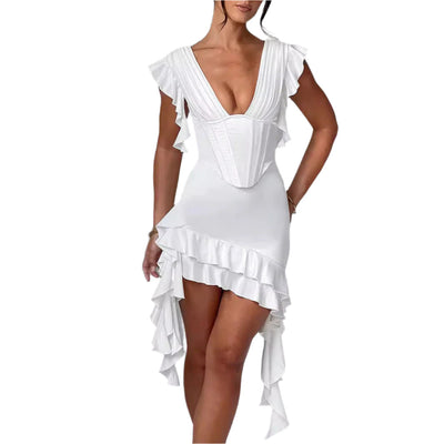 Aisha - Figurbetonter asymmetrischer Rüschenshirt Kleid