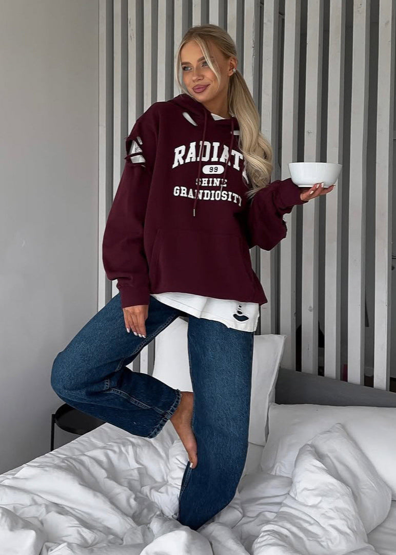 Oversized Hoodie Damen – Burgundy Kapuzenpullover mit Print & Rissen