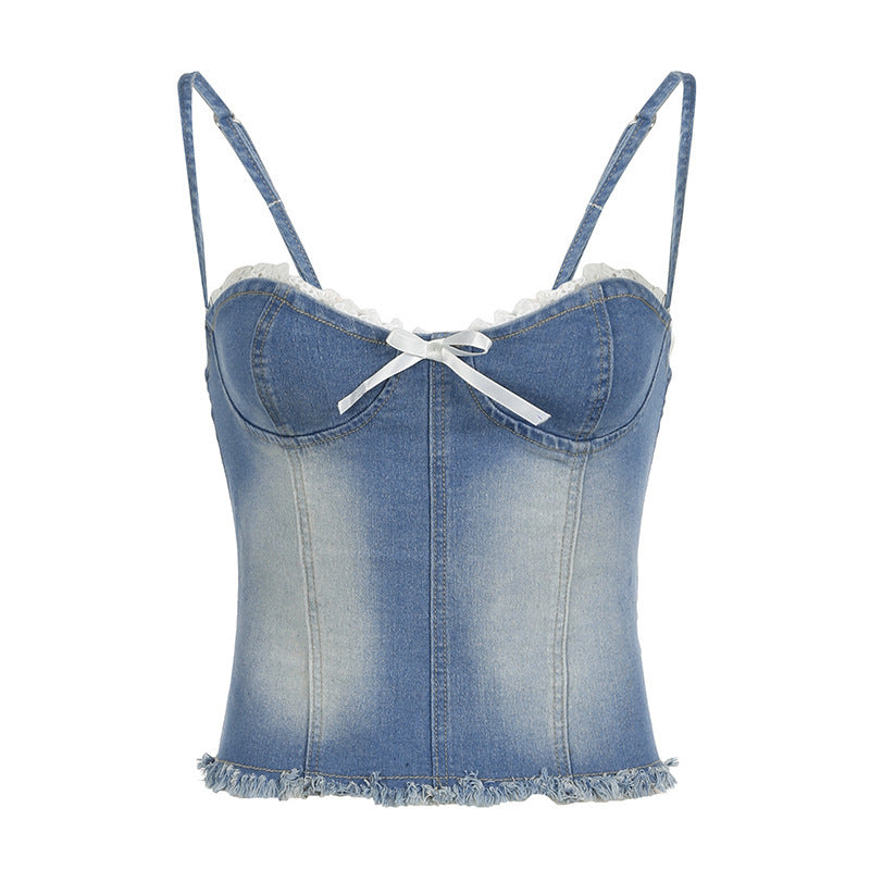 Adeline - Denimbluse mit Spitze und Rüschen