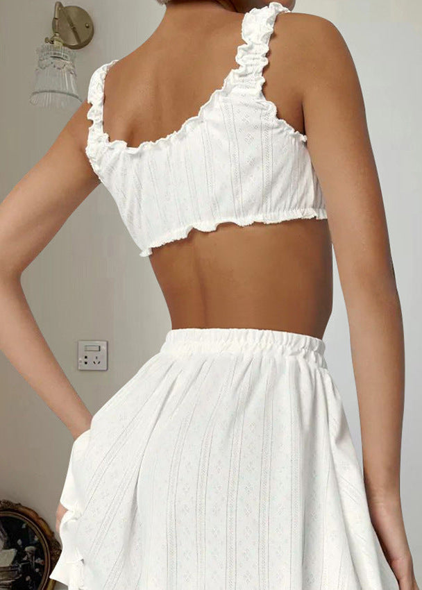 Lounge-Set aus Baumwollmischung mit Rüschen für Damen – Oberteil und Rock – entspannte Passform