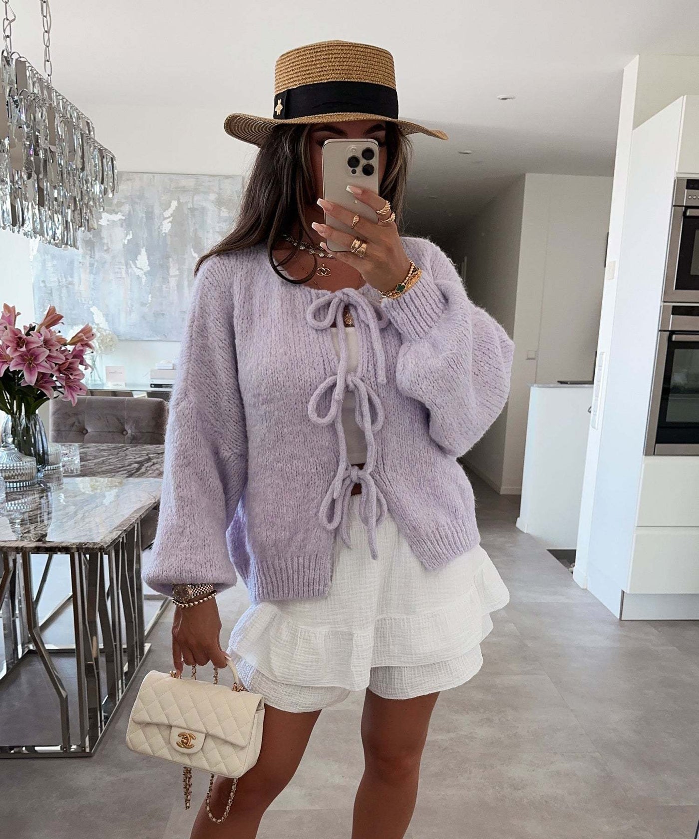 Einfarbiger Rundhals-Lace-Up-Cardigan