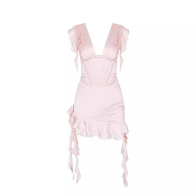 Asymmetrisches Rüschenkleid mit V-Ausschnitt & Figurbetonung – Elira