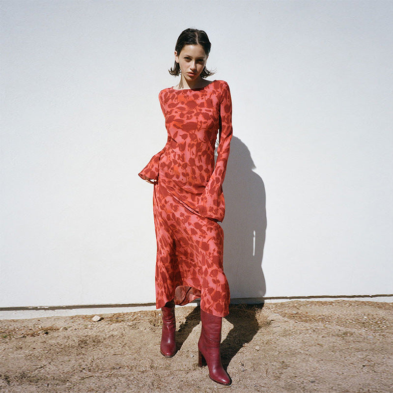 Clara - Langärmeliges rotes bedrucktes Kleid