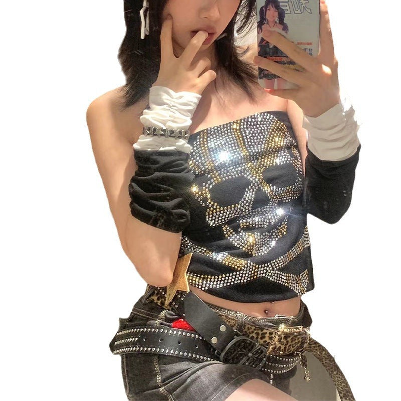 Schwarzes Damen Top mit Strass-Skelettdesign – Liora