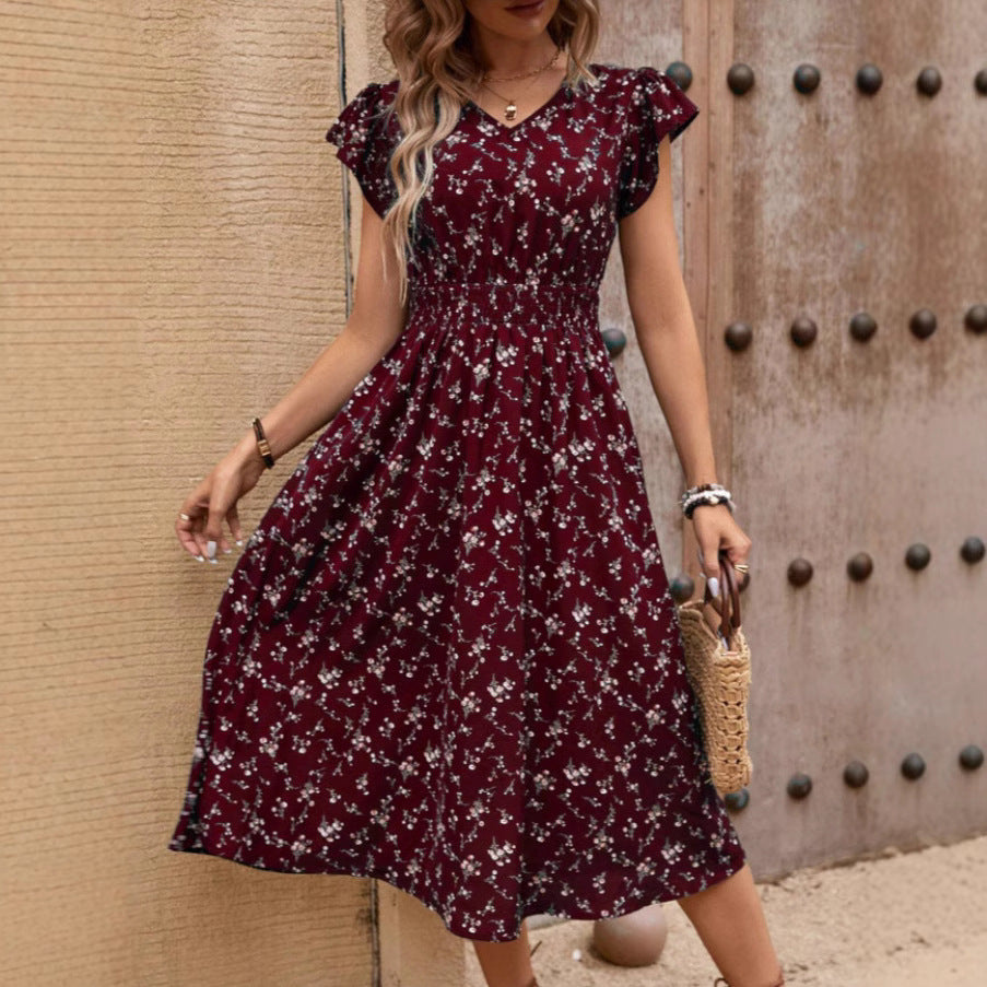 Rose – Elegantes Damenkleid mit V-Ausschnitt und Rüschenärmeln