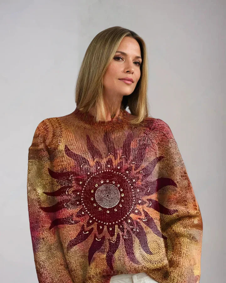 MARINETT™ | Bequemer Strick-Pullover mit tribal Sonnendesign und Rollkragen