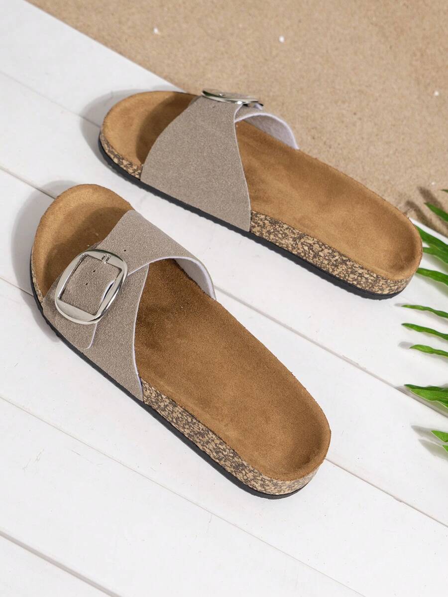 Ortrud – Damen Kork-Sandalen Slip-On Mit Großer Schnalle