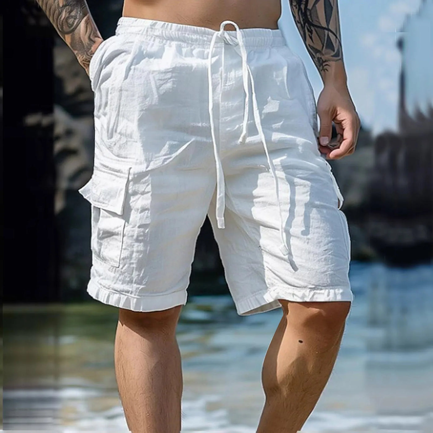 Luftige Herren Leinen-Shorts mit weitem Bein und Kordelzug – Silas