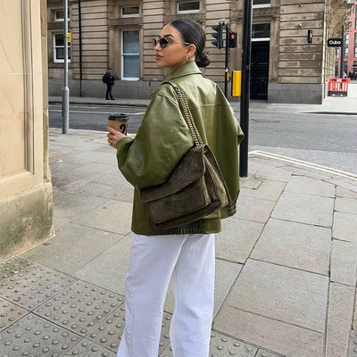 Armeegrün Übergroße Lederjacke