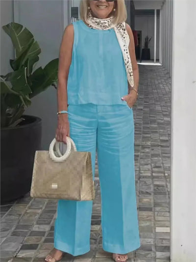 Zweiteiliges Damen Sommer-Set aus Leinen mit Ärmelloser Bluse – Maelis