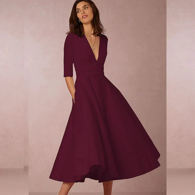 Damen Midi Kleid mit tiefem V-Ausschnitt und Dreiviertelärmel