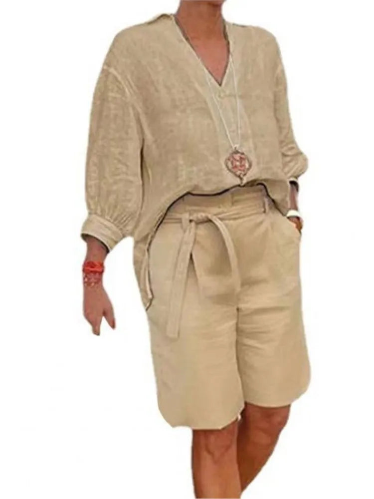 Luftig & Stylisch Zweiteiler aus Leinen mit Bluse & Shorts Damen – Malea