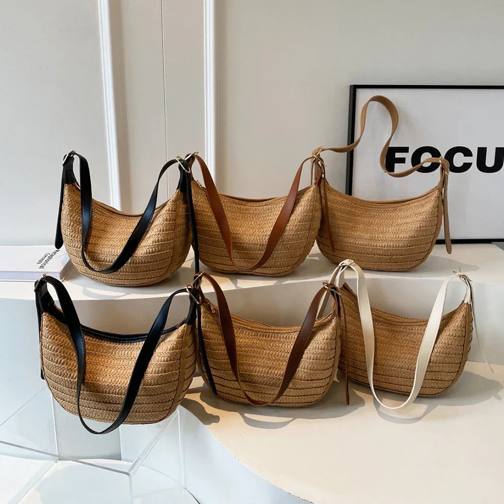 Damen Strohtasche Sommer – Handgemachte Boho Strandtasche mit Reißverschluss