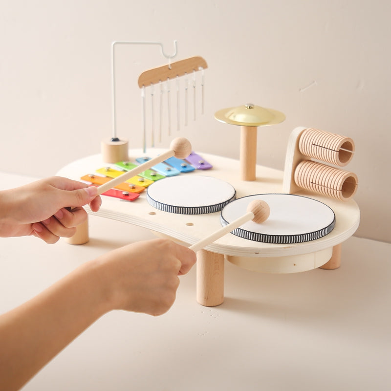 MelodyPlay Holzmusikspielzeug – All-in-One Pädagogisches Instrument für Kleinkinder mit Trommeln, Xylophon & Glocken