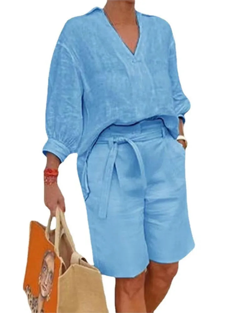 Luftig & Stylisch Zweiteiler aus Leinen mit Bluse & Shorts Damen – Malea