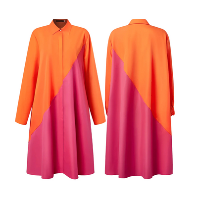 Modernes hemdblusenkleid mit wickelkragen und dreiviertelärmeln