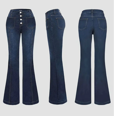 Merta – Damen Stretch Schlagjeans – Knopfverschluss & All-Season Passform