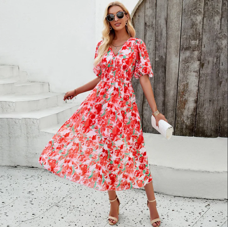 Alette - midikleid mit puffärmeln und blumenprint