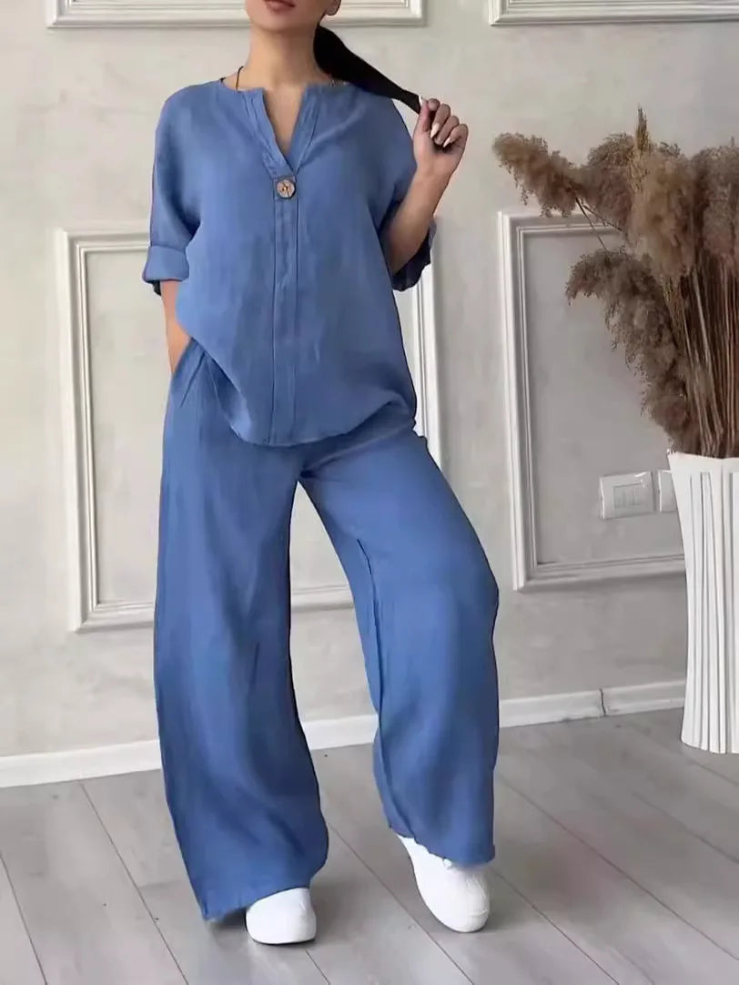 Luftiges & Stylisches Sommer-Set mit Bluse & Weithose aus Leinen – Melina