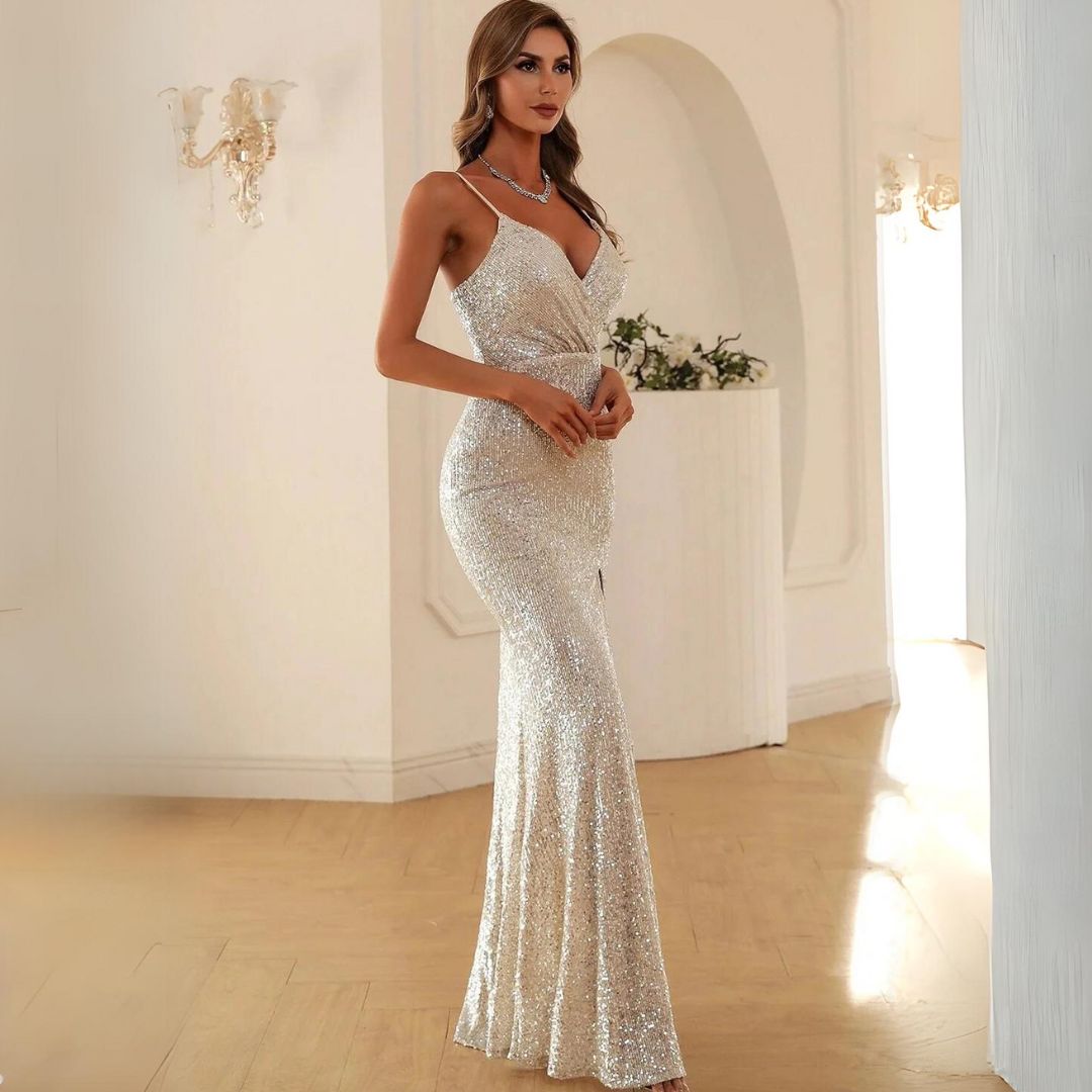 Silke - Silber Pailletten Abendkleid mit Schlitz