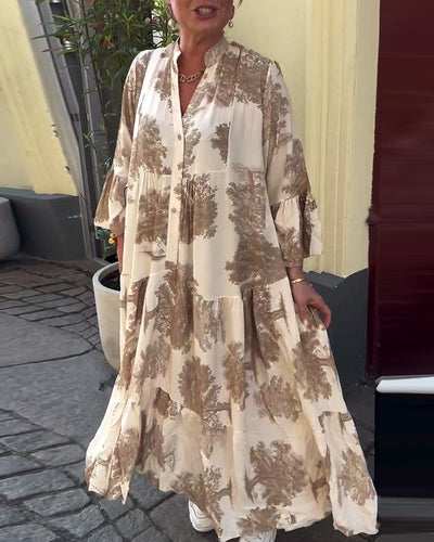 Maxikleid mit Print, Volantärmeln & Stehkragen – Stilvoll & Luftig