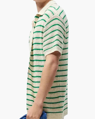 Weston | Grüner Streifen Gestrickt Gehäkeltes Herren Sommerhemd mit Knopfleiste