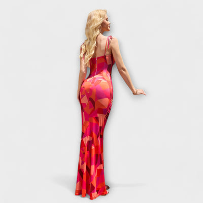 Thalia - Floral Print Prom Dress with Tied Shoulder Straps