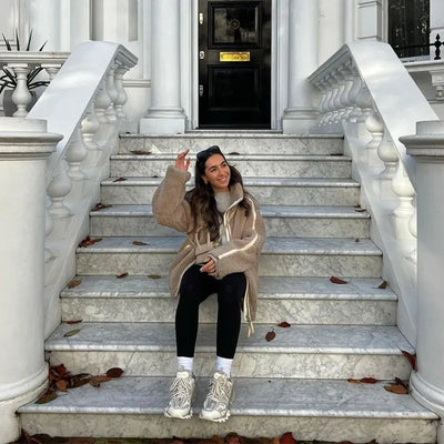 Übergroße Damenjacke aus Wolle mit hohem Kragen und Reißverschluss – trendige Jacke für Streetwear und Freizeitkleidung