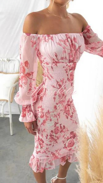 Romantisches Off-Shoulder Bodycon Kleid mit Blumenprint – Figurbetontes Midikleid in Rosa für Sommer & Events