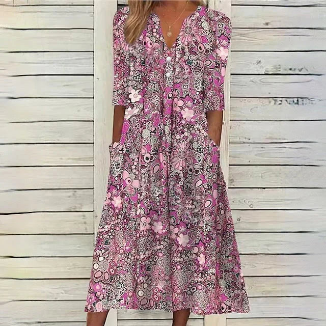 Vilma - Beiges Blumen-Midikleid