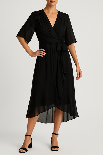 Yalina – Luftige V-Ausschnitt Wickelkleid mit Asymmetrischem Saum