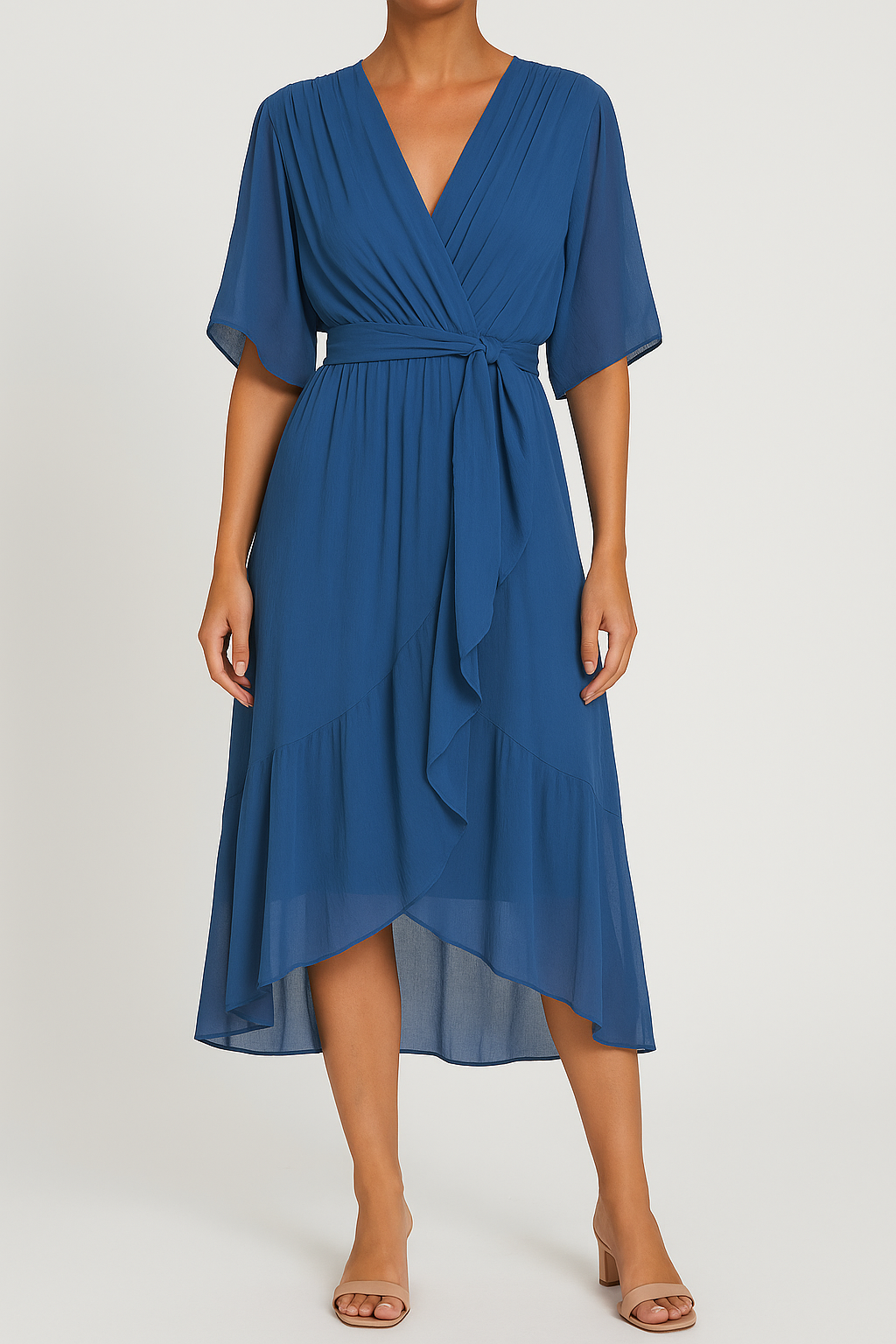 Yalina – Luftige V-Ausschnitt Wickelkleid mit Asymmetrischem Saum